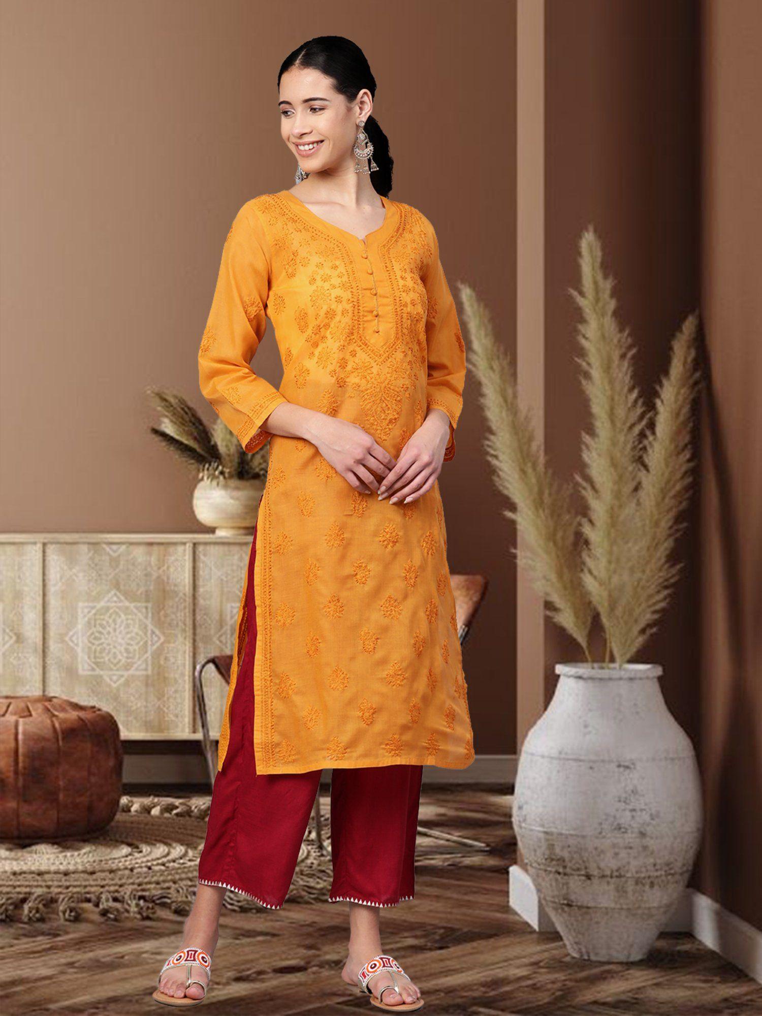 mustard lucknowi chikankari cotton kurta (xs) (a100366)