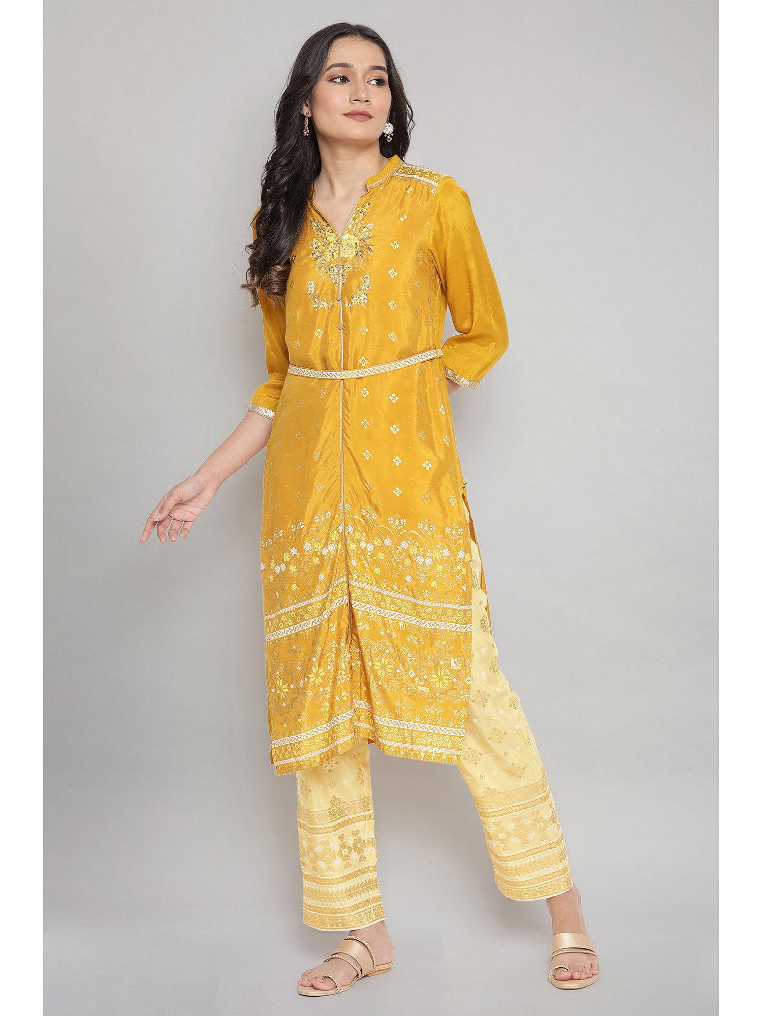 mustard mandarin collar foil print straight kurta