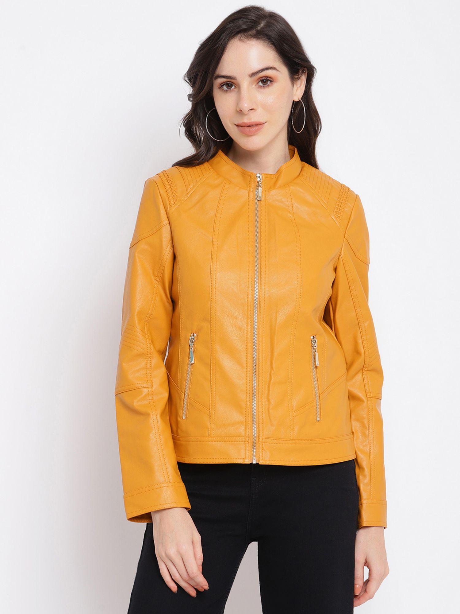 mustard mandarin neck full sleeves biker jackets for casual