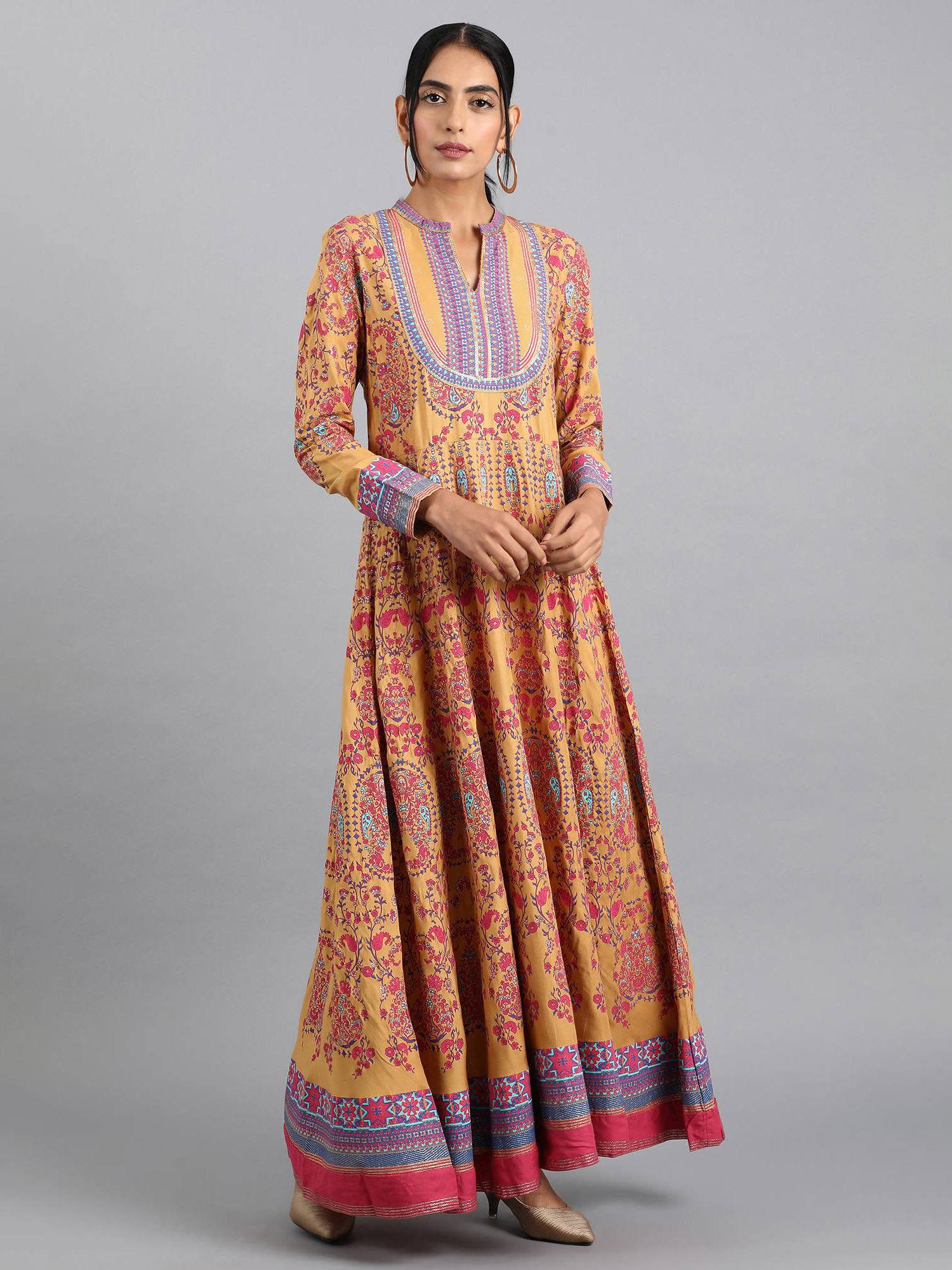 mustard mandarin neck printed dress