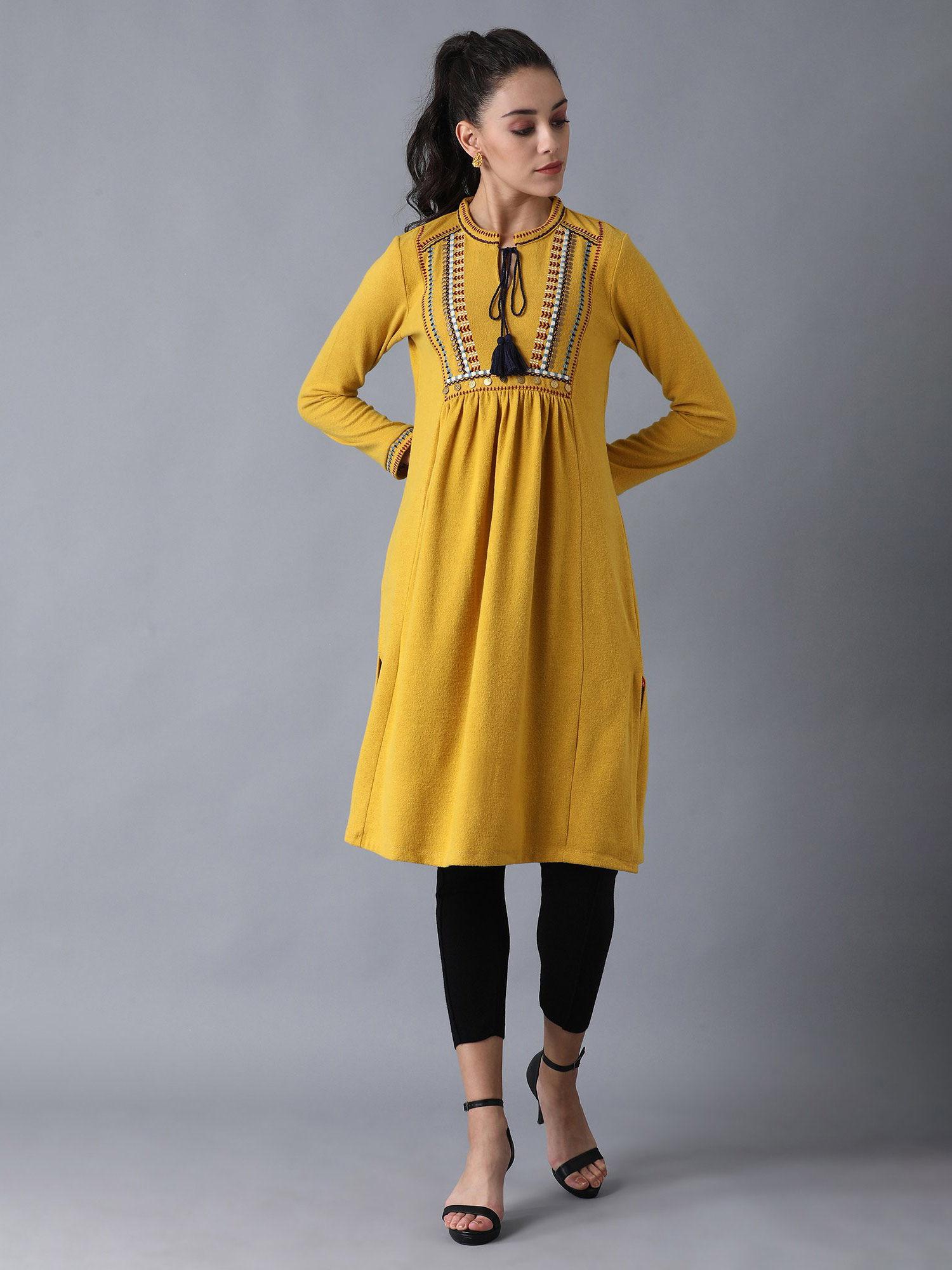 mustard mandarin neck winter kurta