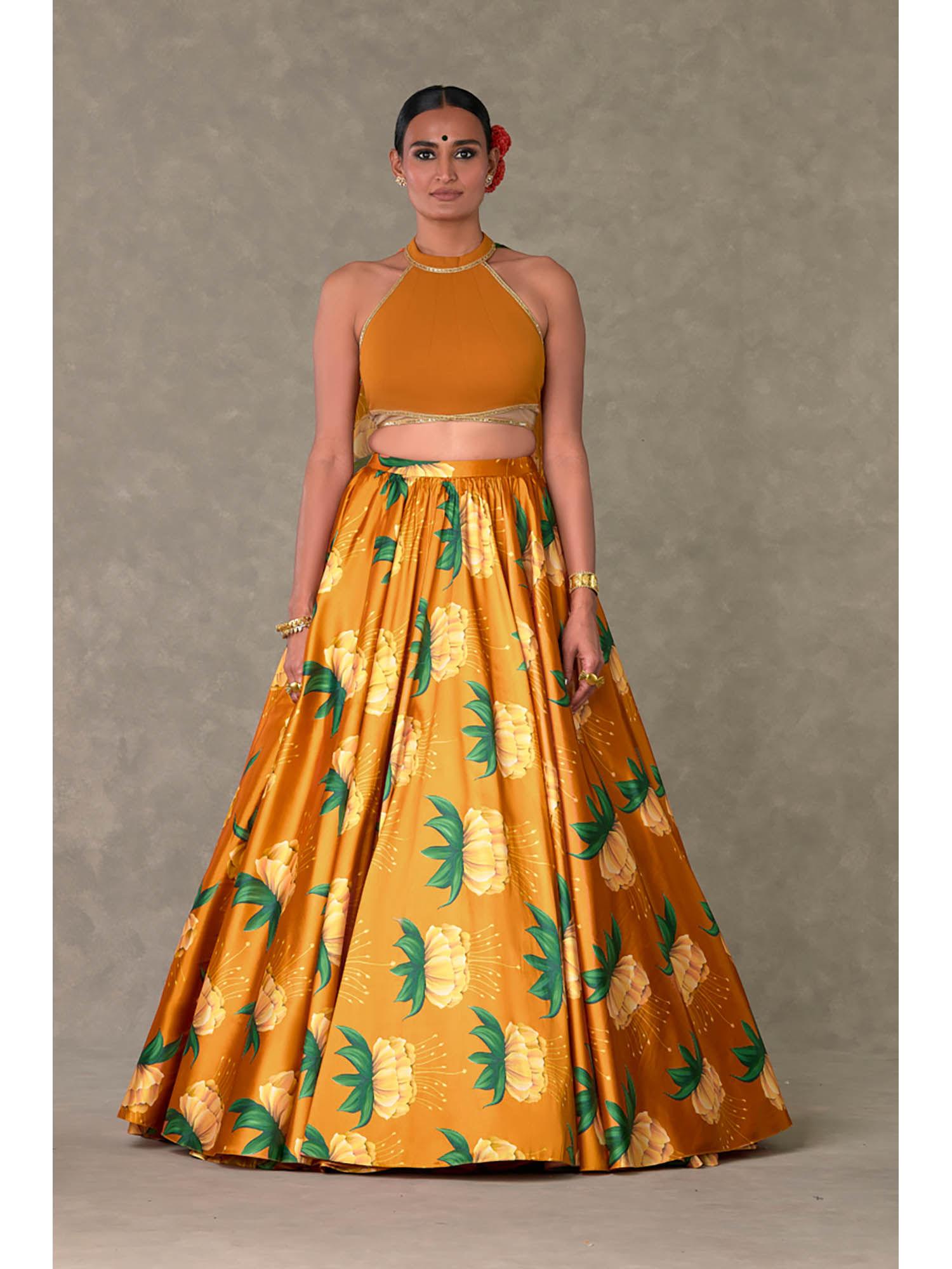 mustard masakali floral printed skirt and crop top (set of 2)