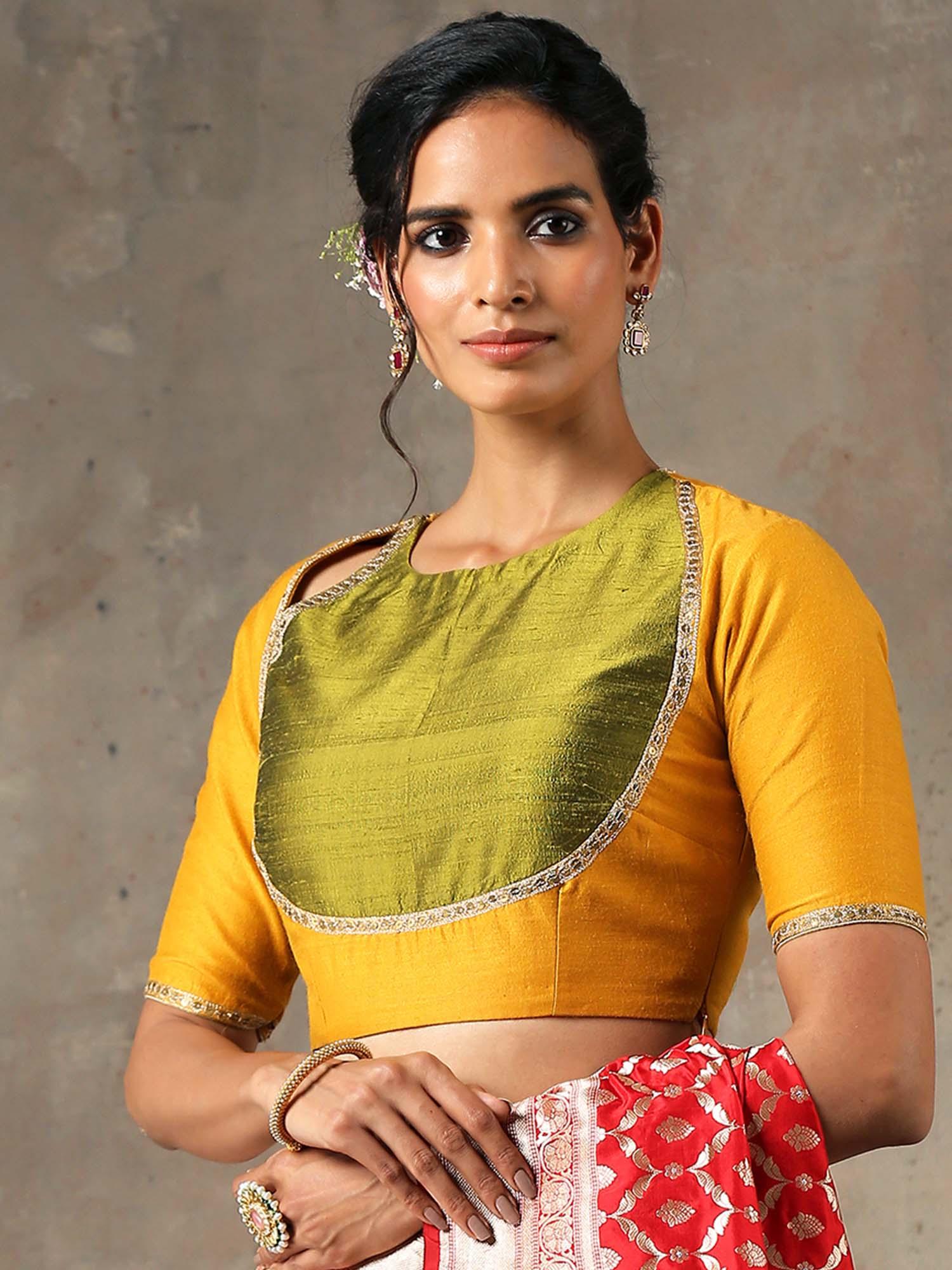 mustard matka style blouse munga silk with embroidery