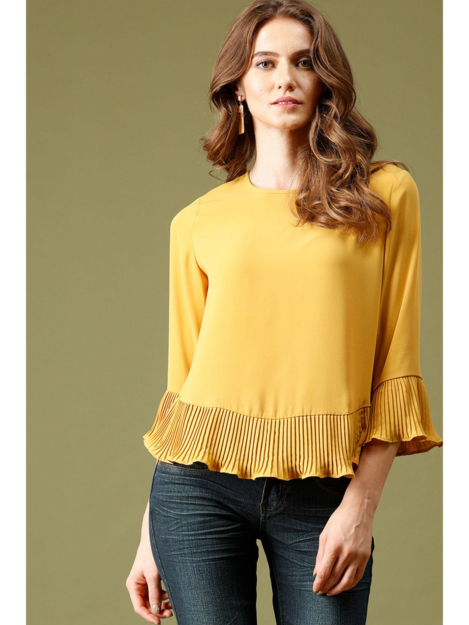 mustard medium length round neck polyester top