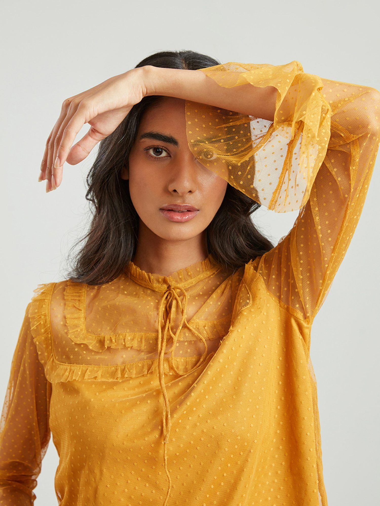 mustard mesh flare top