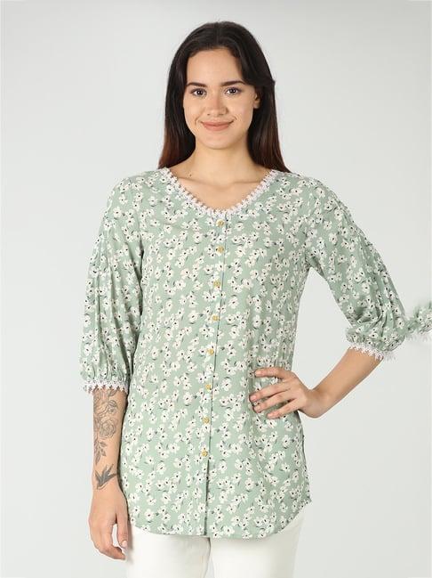 mustard mint green & white cotton floral print top
