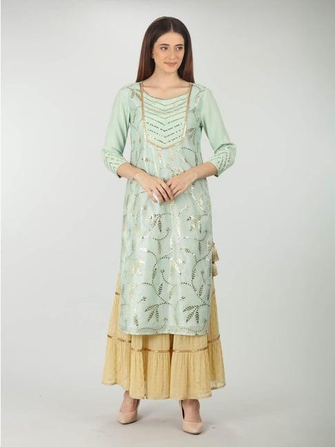 mustard mint green embellished kurta