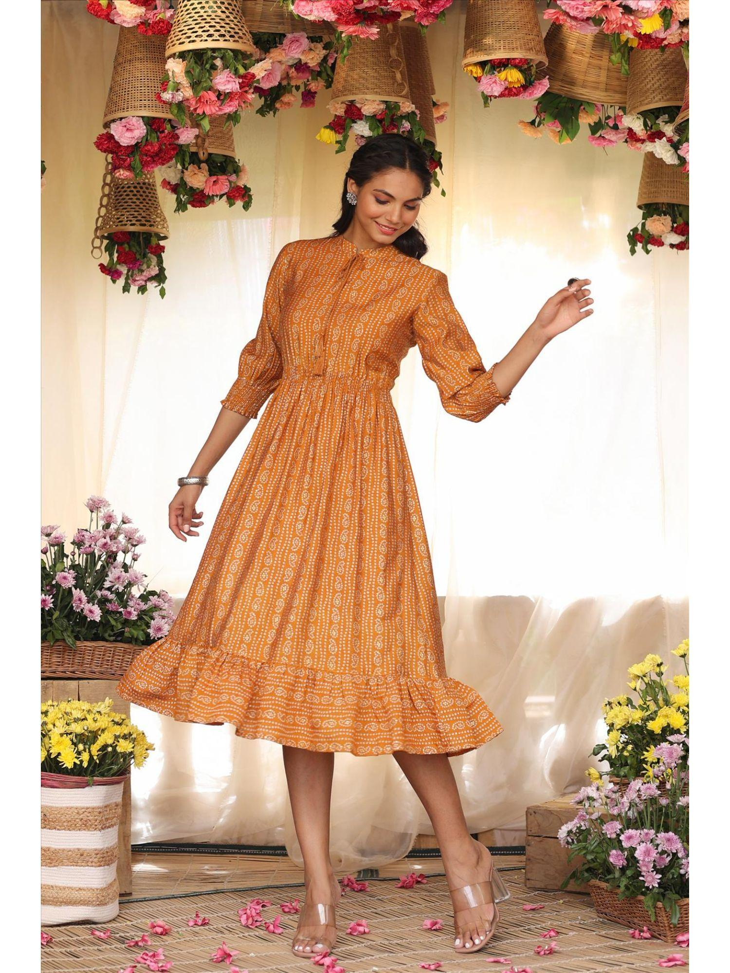 mustard modal bandhani print midi flared dress with dori tie-up