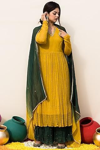 mustard mul chanderi embellished anarkali set