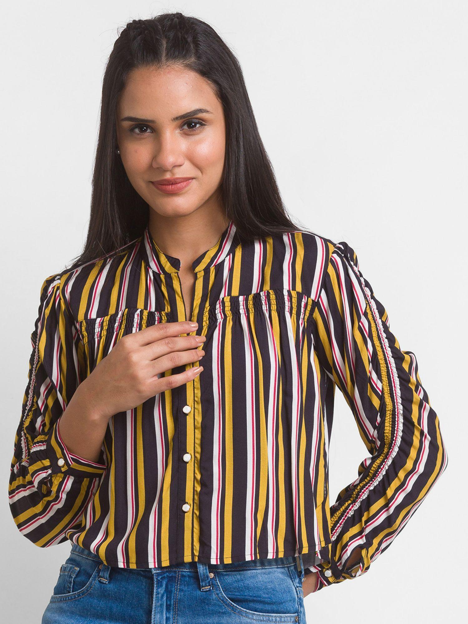 mustard multi stripe cotton three-fourth sleeve stripes shirt for women