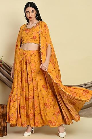 mustard muslin digital printed cape set