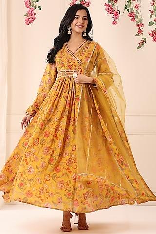 mustard muslin printed & embroidered anarkali set