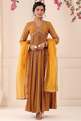 mustard muslin printed gown with dupatta