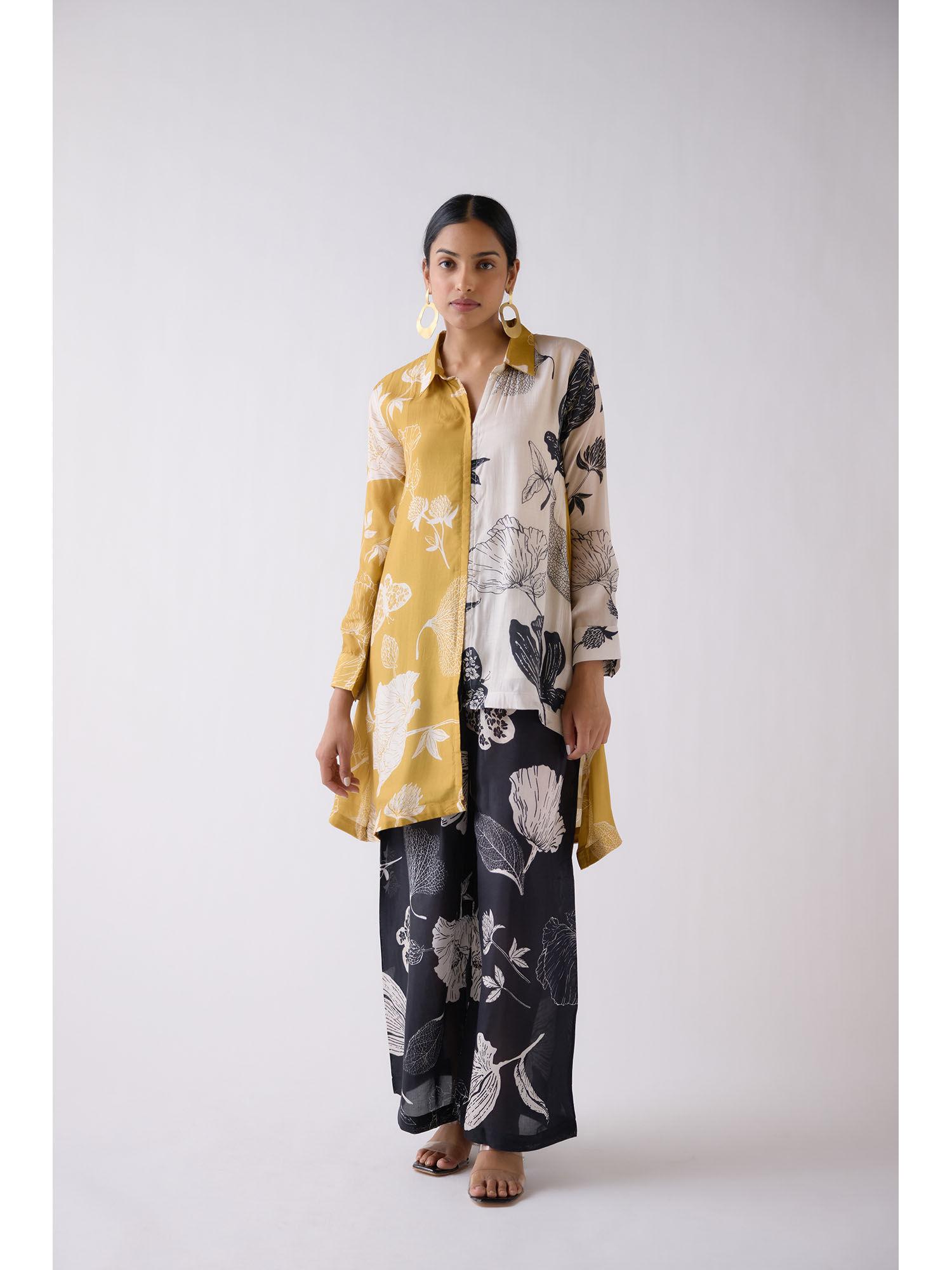 mustard muslin printed multi tunic with palazzo (set of 2)