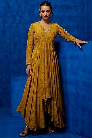 mustard natural crepe floral printed & hand embroidered asymmetric gown
