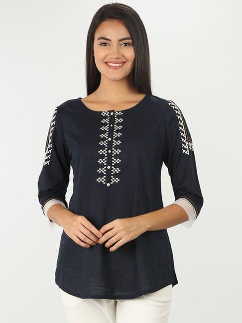 mustard navy embroidered top