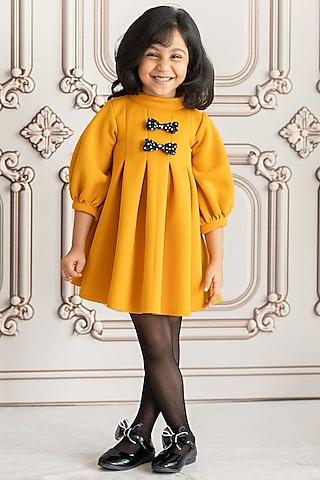 mustard neoprene & scuba pleated a-line dress for girls