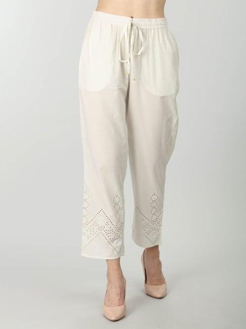 mustard off white cotton embroidered pants