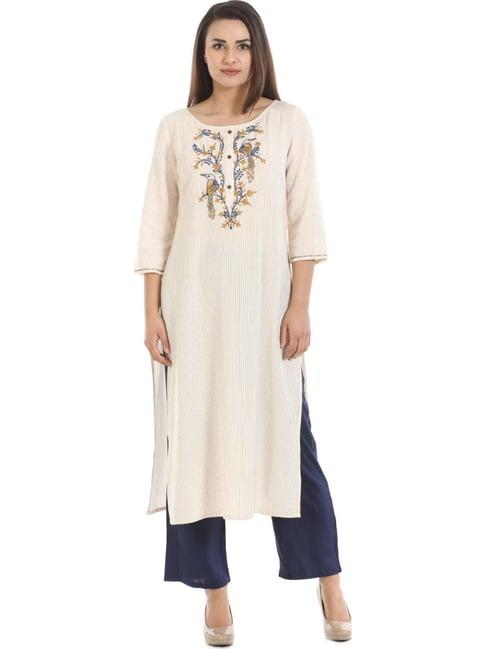 mustard off white striped kurta