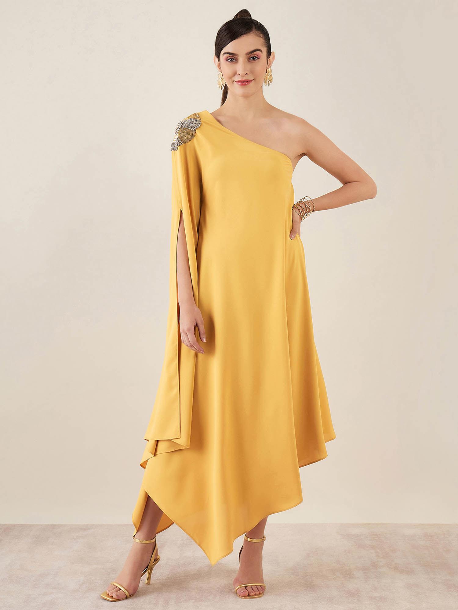 mustard one-shoulder crystal embroidered dress