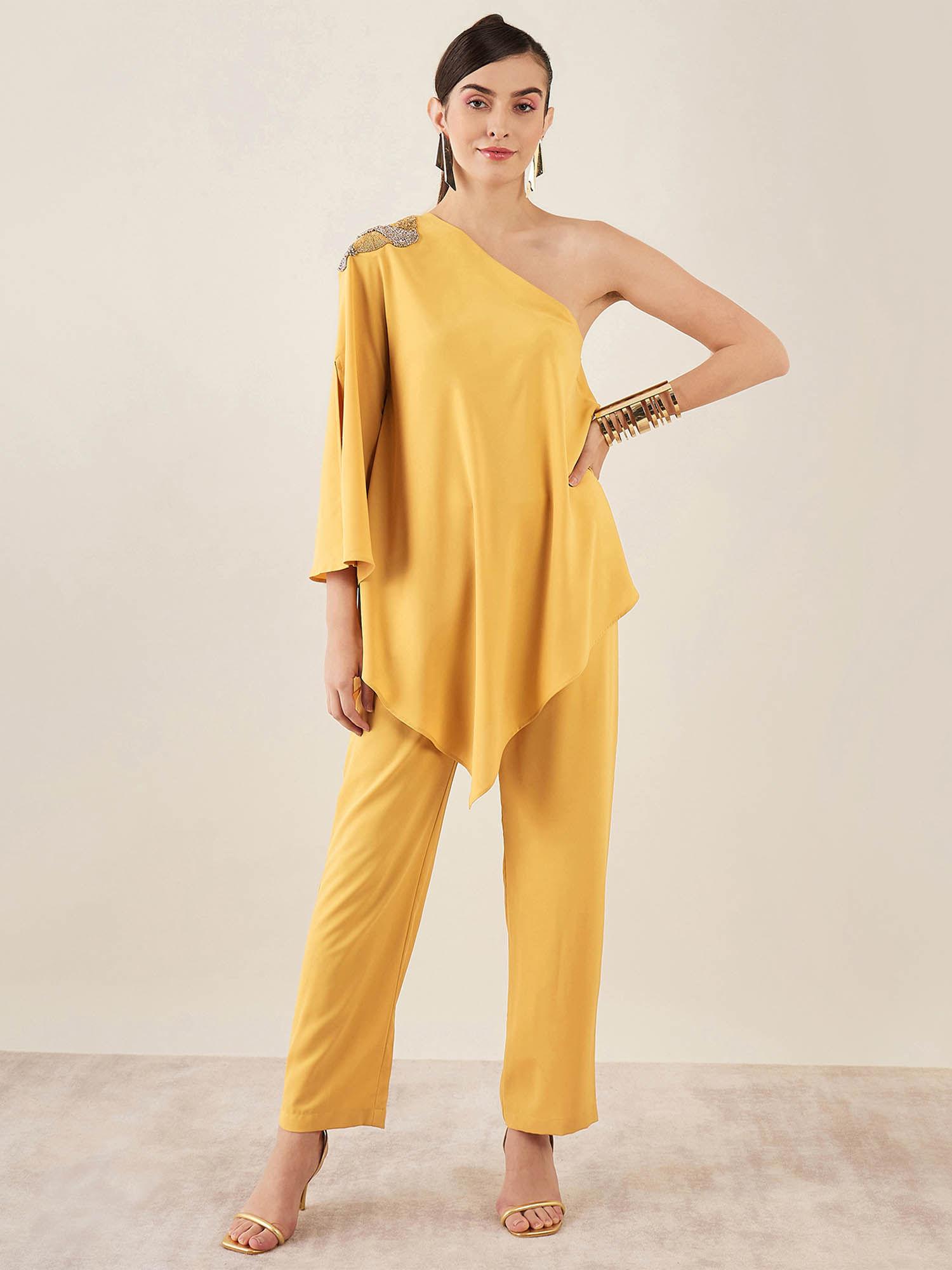 mustard one-shoulder embroidered top with pant (set of 2)