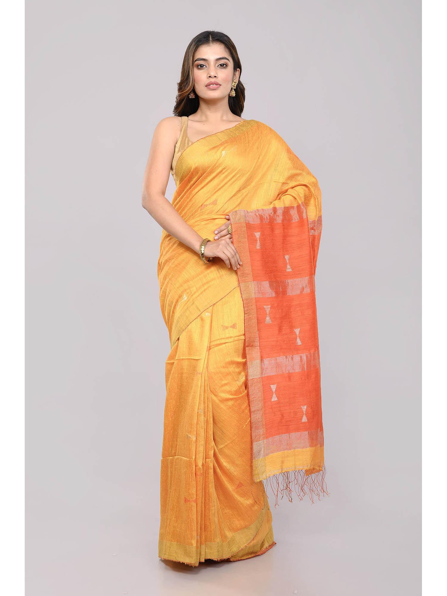 mustard orange jamdani matka silk saree with unstitched blouse