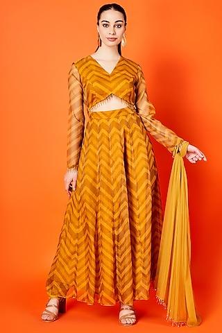 mustard organza chevron anarkali set