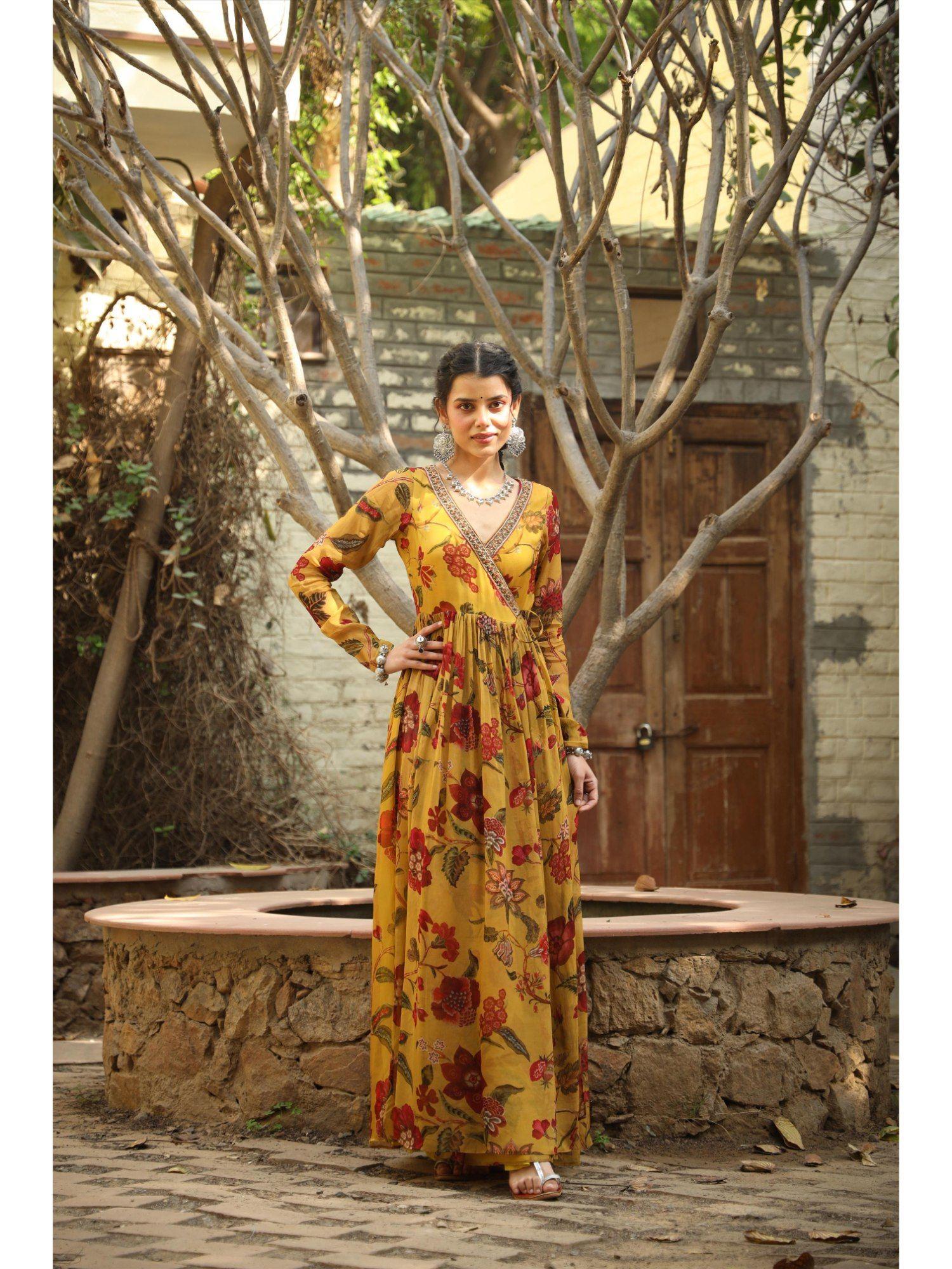 mustard organza floral print angrakha pleated dress