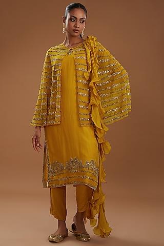 mustard organza hand embroidered kurta set with cape