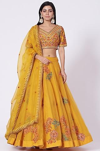 mustard organza lehenga set