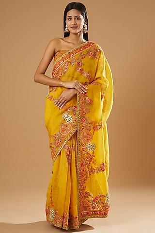 mustard organza saree set