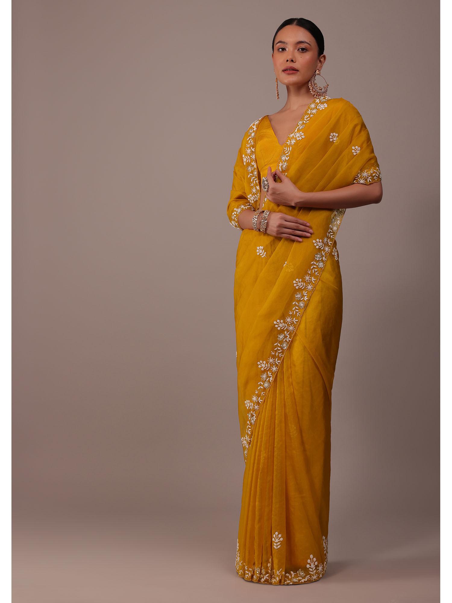 mustard organza saree with moti and cut dana unstitched blouse