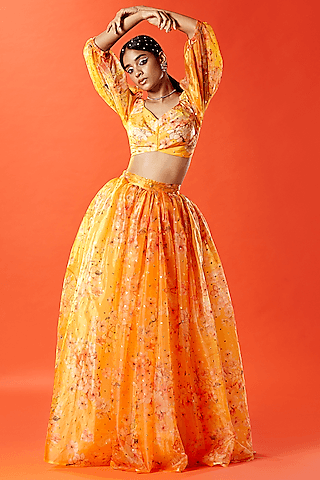 mustard organza satin floral printed lehenga set