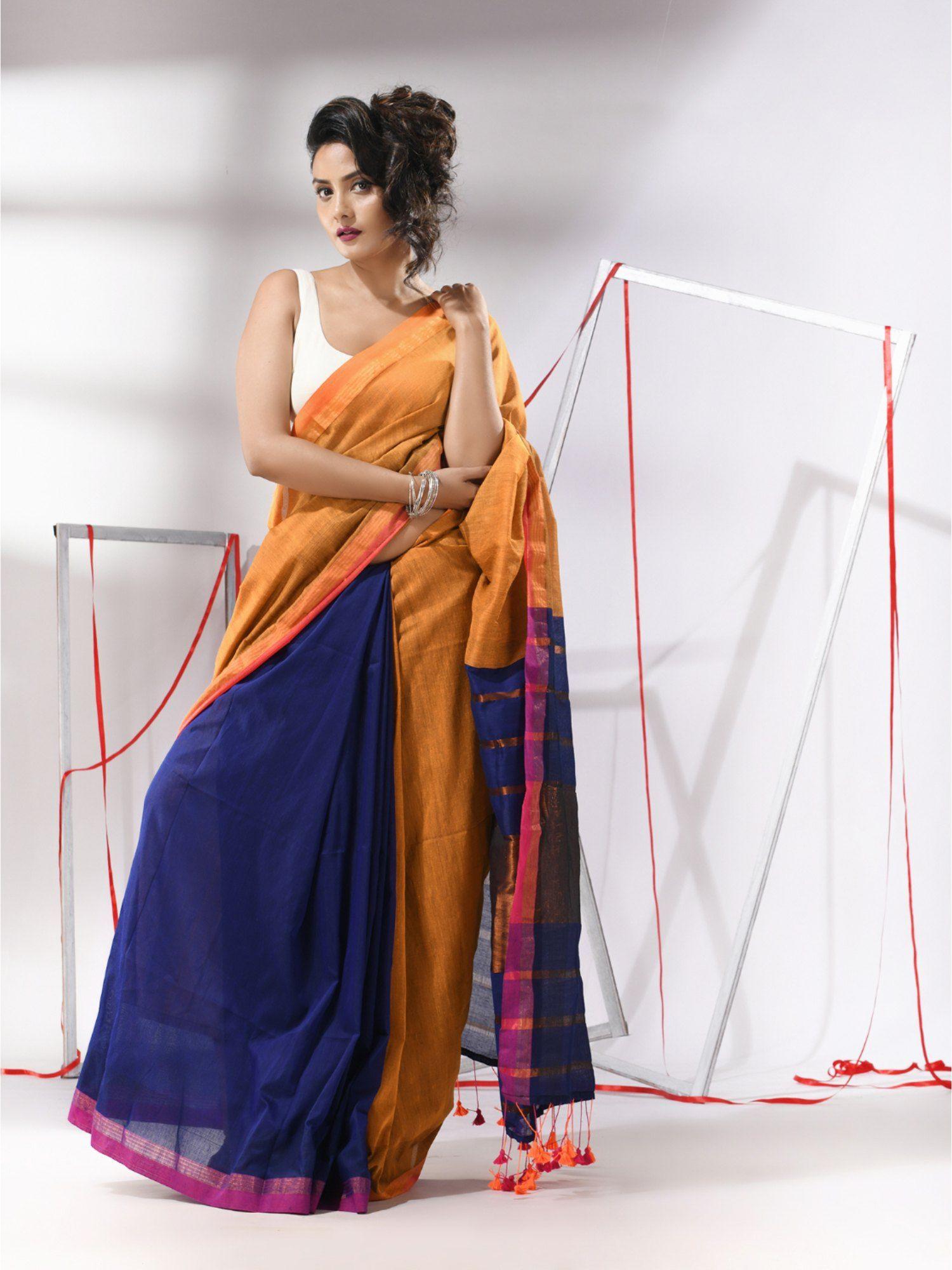 mustard patli pallu cotton stripes zari borders saree with unstitched blouse