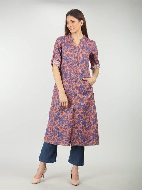 mustard peach & blue printed kurta