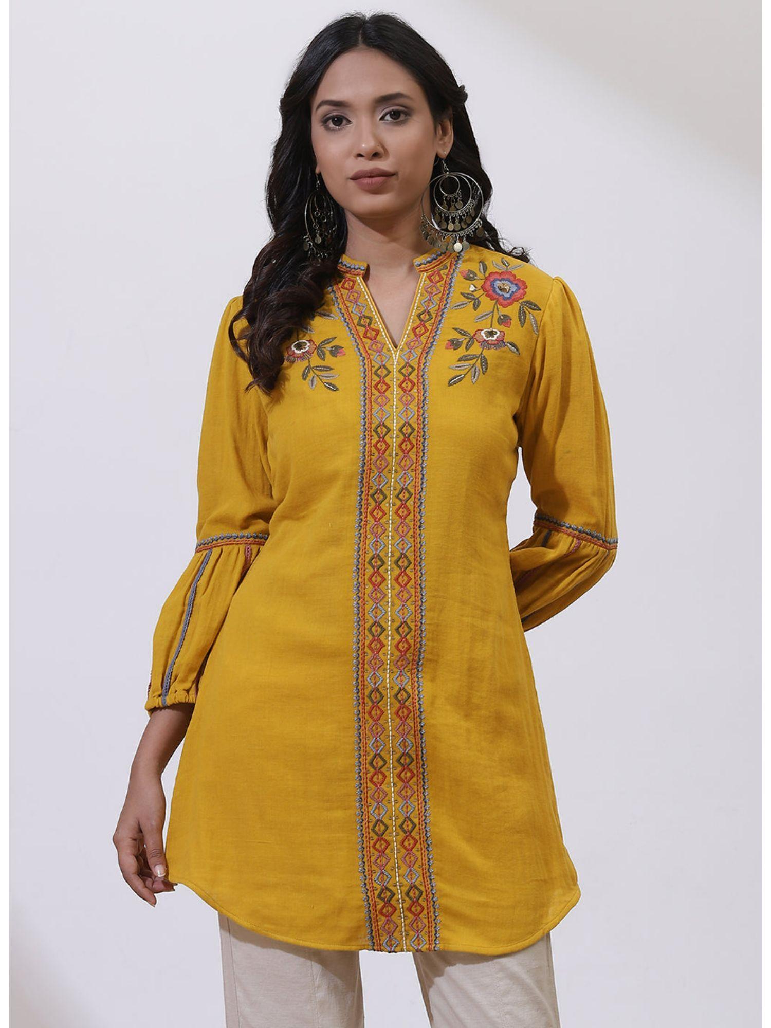 mustard phool collection floral embroidered tunic