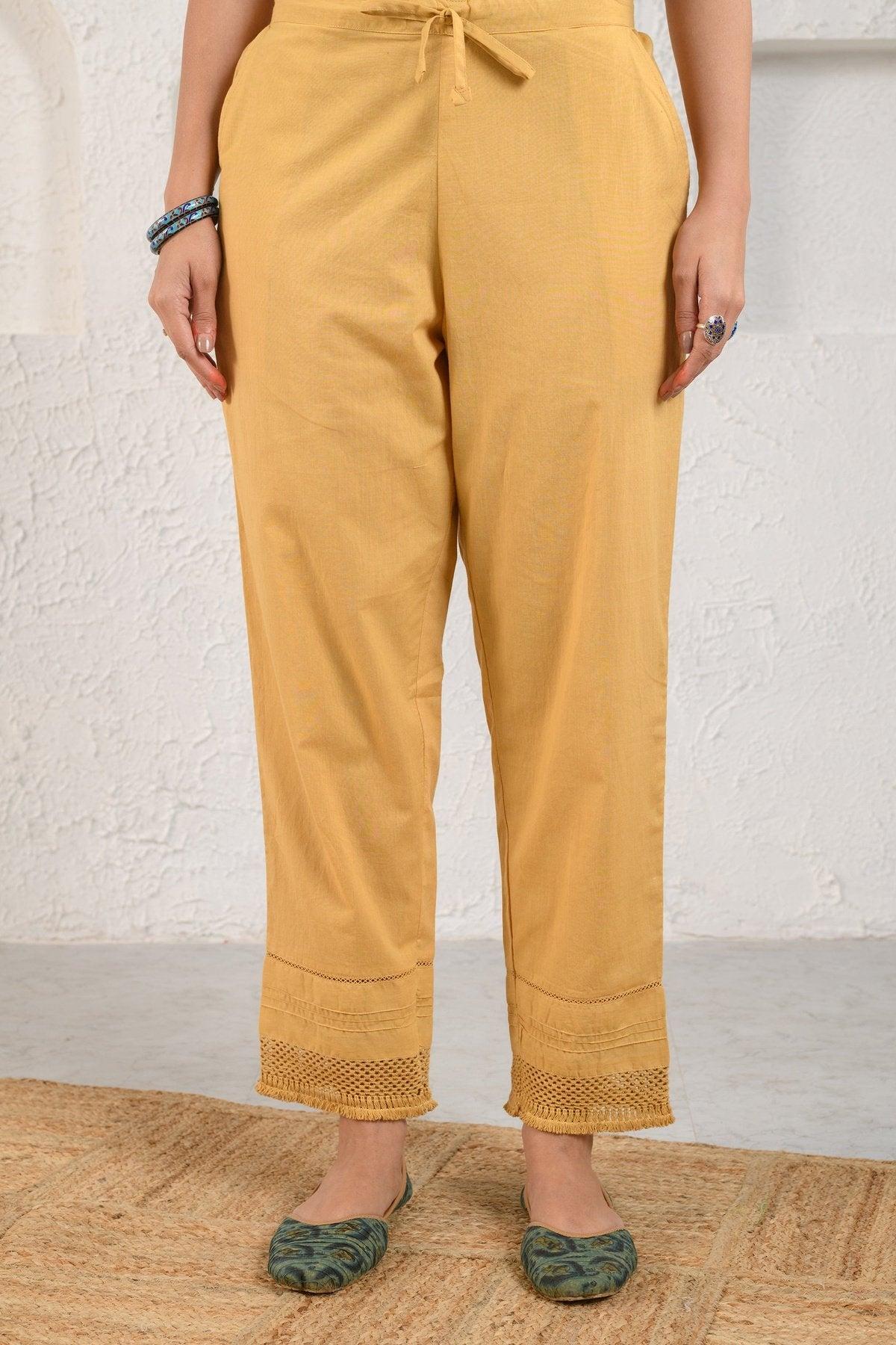 mustard pintucked lace pants