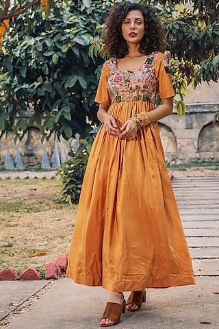 mustard pleated & embroidered dress