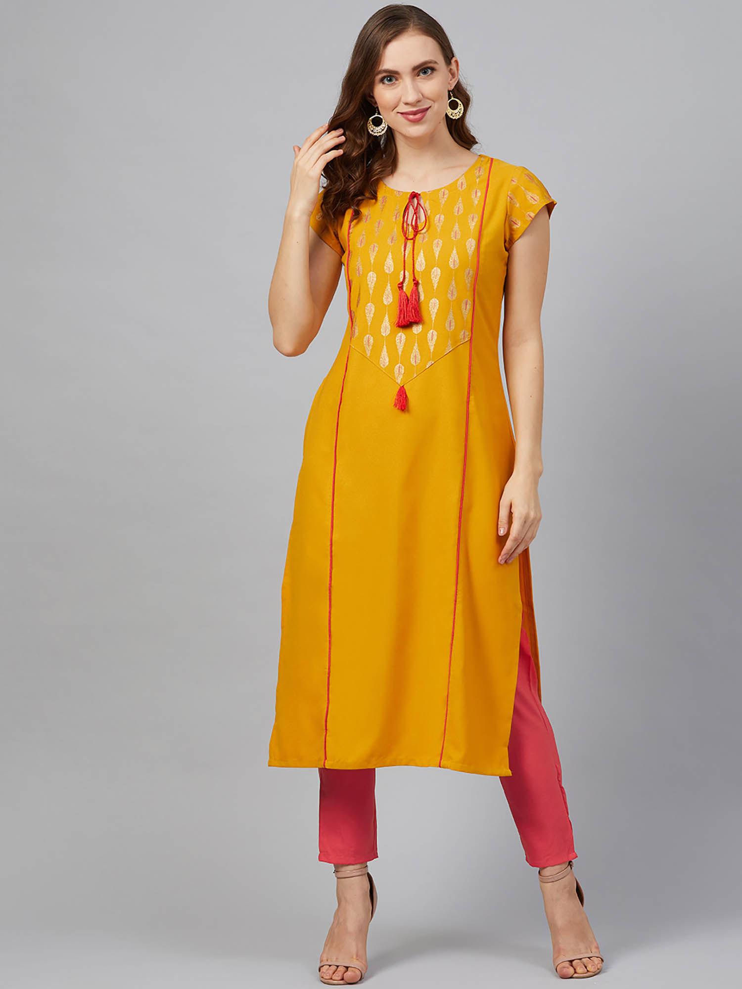 mustard poly rayon foil printed straight kurta with pant (set of 2)