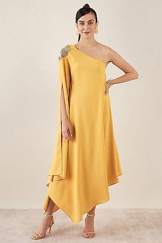 mustard polyester crepe crystal hand embellished one-shoulder asymmetric dress