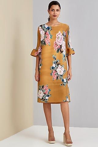 mustard polyester floral printed dress