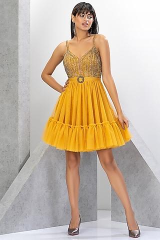 mustard polyester net crystal & sequins embroidered handmade mini dress
