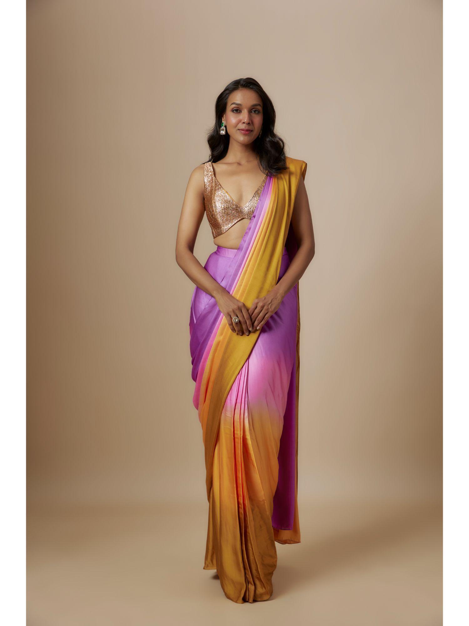 mustard pre drape saree with stitched blouse