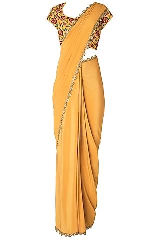 mustard pre-stitched saree with floral embroidered blouse