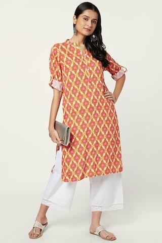 mustard print casual mandarin 3/4th sleeves knee length women regular fit kurta