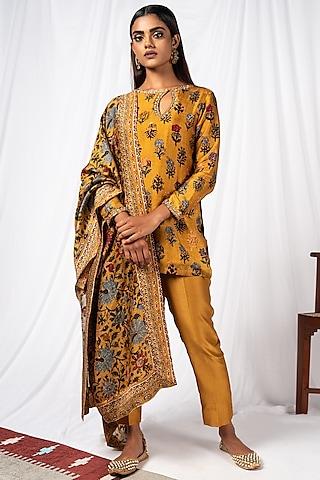 mustard printed & embroidered kurta set