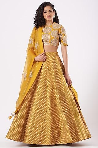 mustard printed & embroidered lehenga set