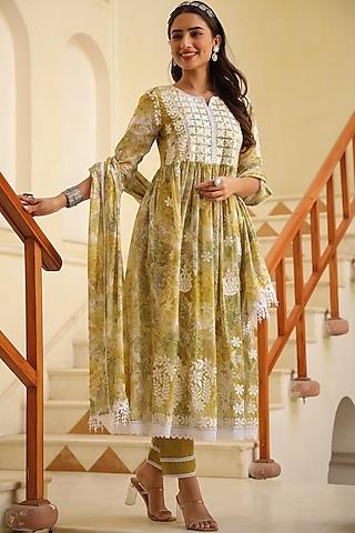 mustard printed anarkali set