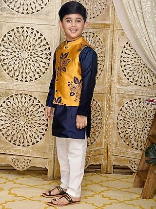 mustard printed bundi jacket with kurta set for boys