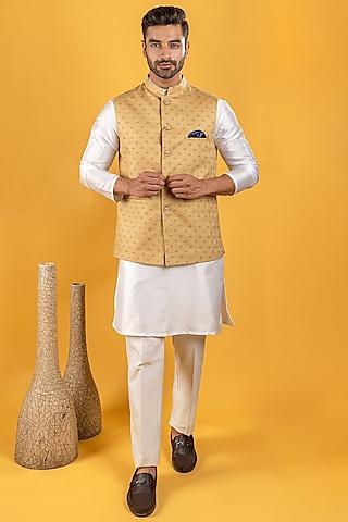 mustard printed bundi jacket with kurta set for boys